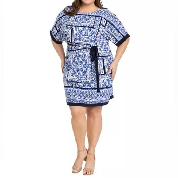 R & M Richards Plus Size Printed Blouson A-Line Dress White/Denim Sz 20W - Picture 1 of 10